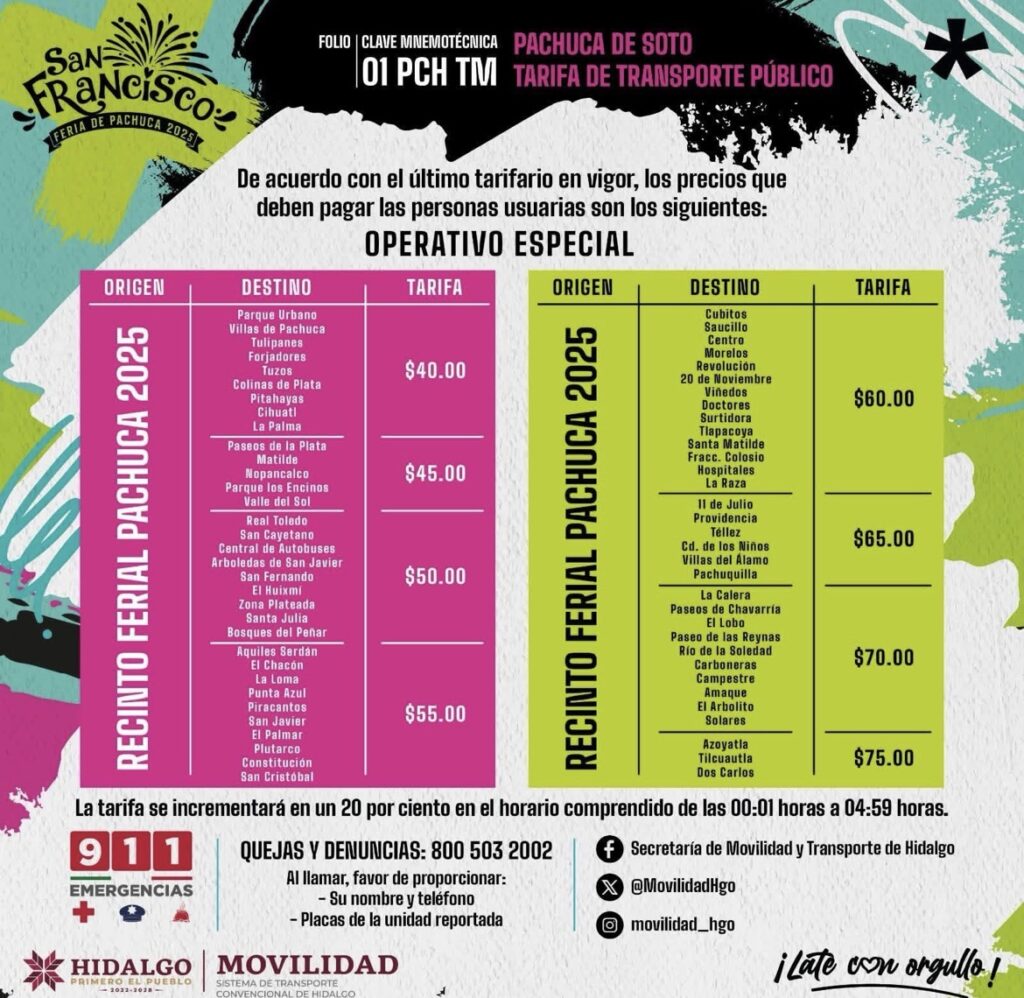 TARIFARIO ESPECIAL PARA TAXIS EN LA FERIA SAN FRANCISCO PACHUCA 2025: SEMOT GARANTIZA TRASLADOS SEGUROS Y TRANSPARENTES.